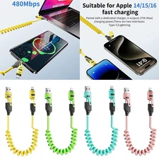 4PCS 4 in 1 Spring Coiled Retractable Fast Charging USB Cable for iPhone Samsung