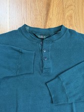 Vintage 90s J Crew Oarsman Thermal Henley Sweatshirt Green Long Sleeve USA Sz XL