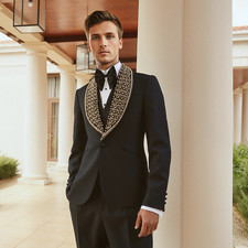 Mens Shawl Lapel Tuxedo Jacket Crystal Beaded Formal Wedding Groom Prom Party