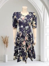 Vintage 80s Floral Navy Puff Sleeve Cottagecore Fit Flare Midi Dress S/M