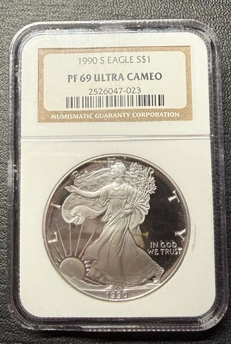 1990-S Proof $1 American Silver Eagle NGC PF69 Ultra Cameo Vintage Brown Label