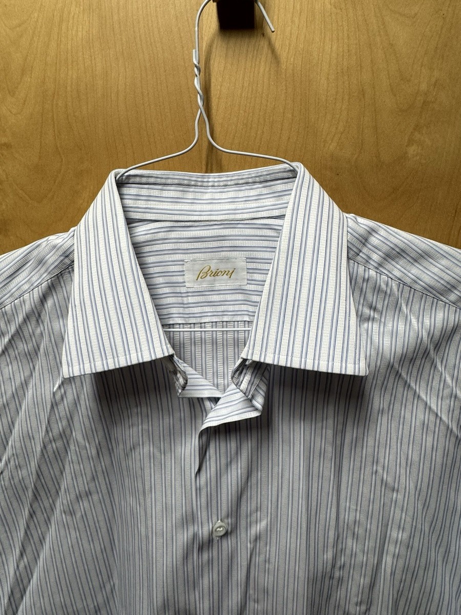 brioni dress shirt Brioni Men's White/Blue Striped French Cuff Dress Shirt Handmade Italy  15.5x39