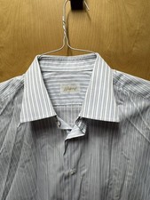 Brioni Men  s White/Blue Striped French Cuff Dress Shirt Handmade Italy 15.5x39