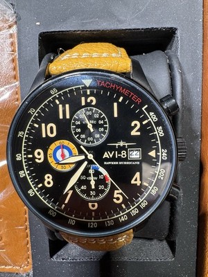 AVI-8 Hawker Hurricane Chronograph Black Dial Yellow Leather Strap Box