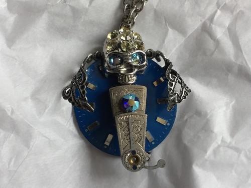 Skull Scroll Work Timepiece Necklace/Pendant, Parts, Steampunk, Blue ...