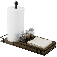 Kitchen Brown Wood & Black Metal Paper Towel Stand w/ Napkin Holder & Spice Rack