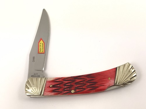 Ocoee River Lockback Knife RED BONE Handles Fancy Grooved Bolsters 10068-R - Picture 4 of 6