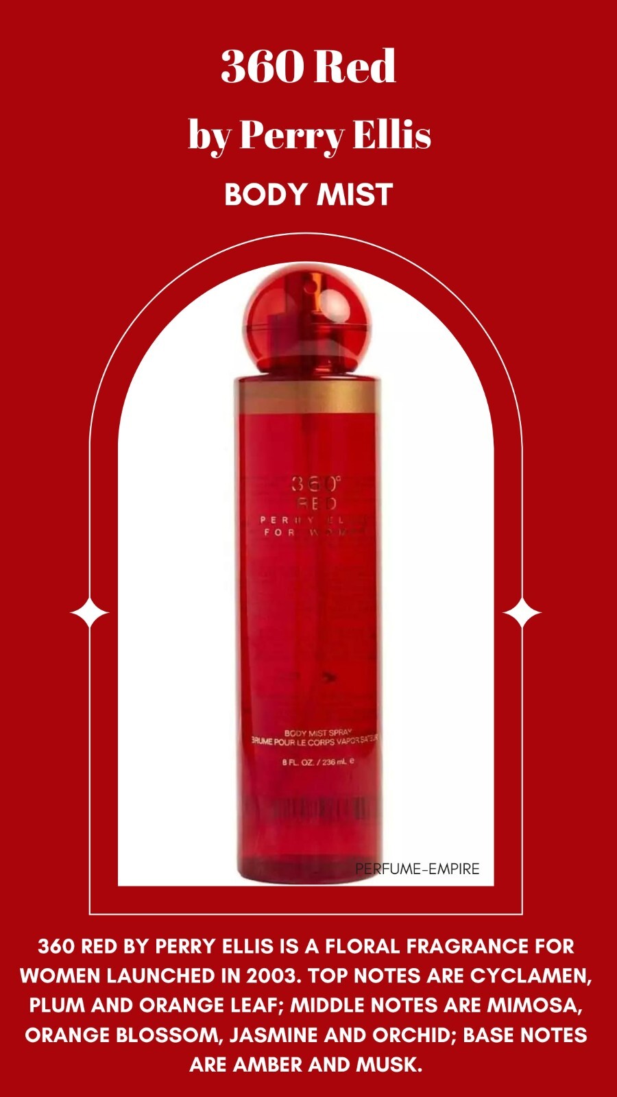 360 RED by Perry Ellis Body Mist for Women 8 oz New