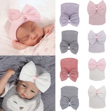 Newborn Baby Girls Striped Headband Headwear Toddler Soft Beanie Hat With Bow  