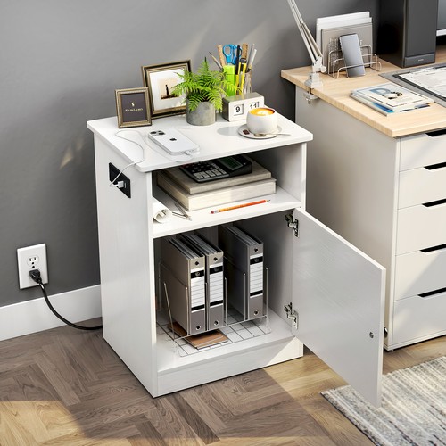 White Nightstand with Power Station Bedroom Wood Side End Table Night Stand