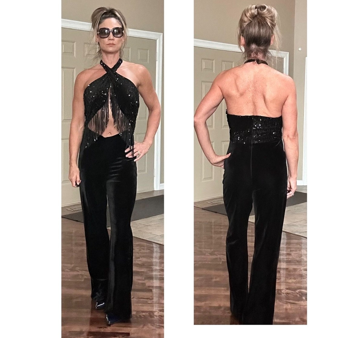 Zara Black Fringed Velvet Sequin Tassel Halter Top Stretch