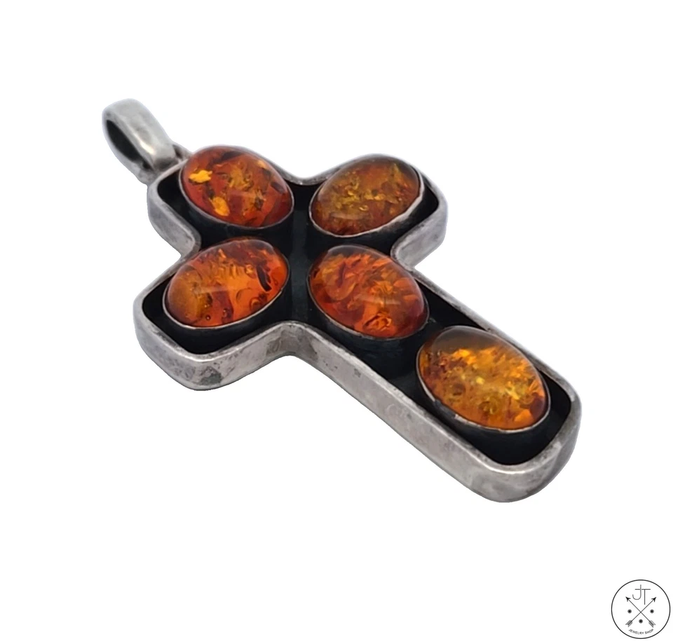 Colgante Cruz Plata Esterlina Vintage con Cabujones Ámbar Báltico Foto 3 de 4