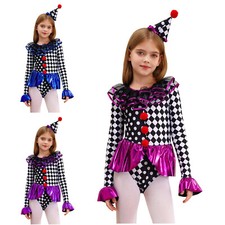 Kids Girls Bodysuit Role Play Clown Halter Cosplay Checkerboard Circus Party