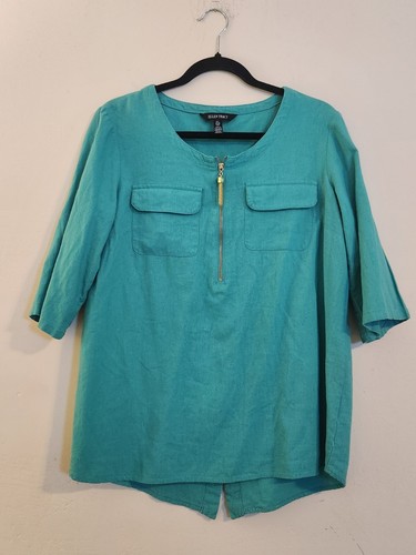 Ellen Tracy Size Small Green Linen Blend Roll Tab Sleeve Gold Tassel 1/4 Zip Top