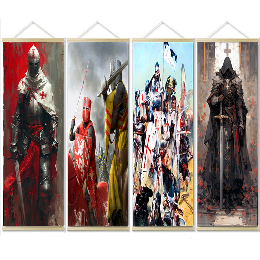 4PCS Knights Templar Poster Wall Art Flag Living Room Home Decor Scroll Painting