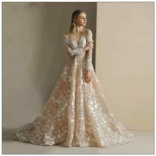 Simple Champagne Lace Appliques Long Sleeves Wedding Dresses A-line Bridal Gowns