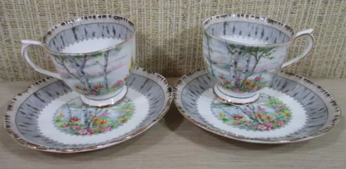 (4) Royal Albert Silver Birch 2 Set 4 Pieces Tea Cup & Saucer Made In England C1
