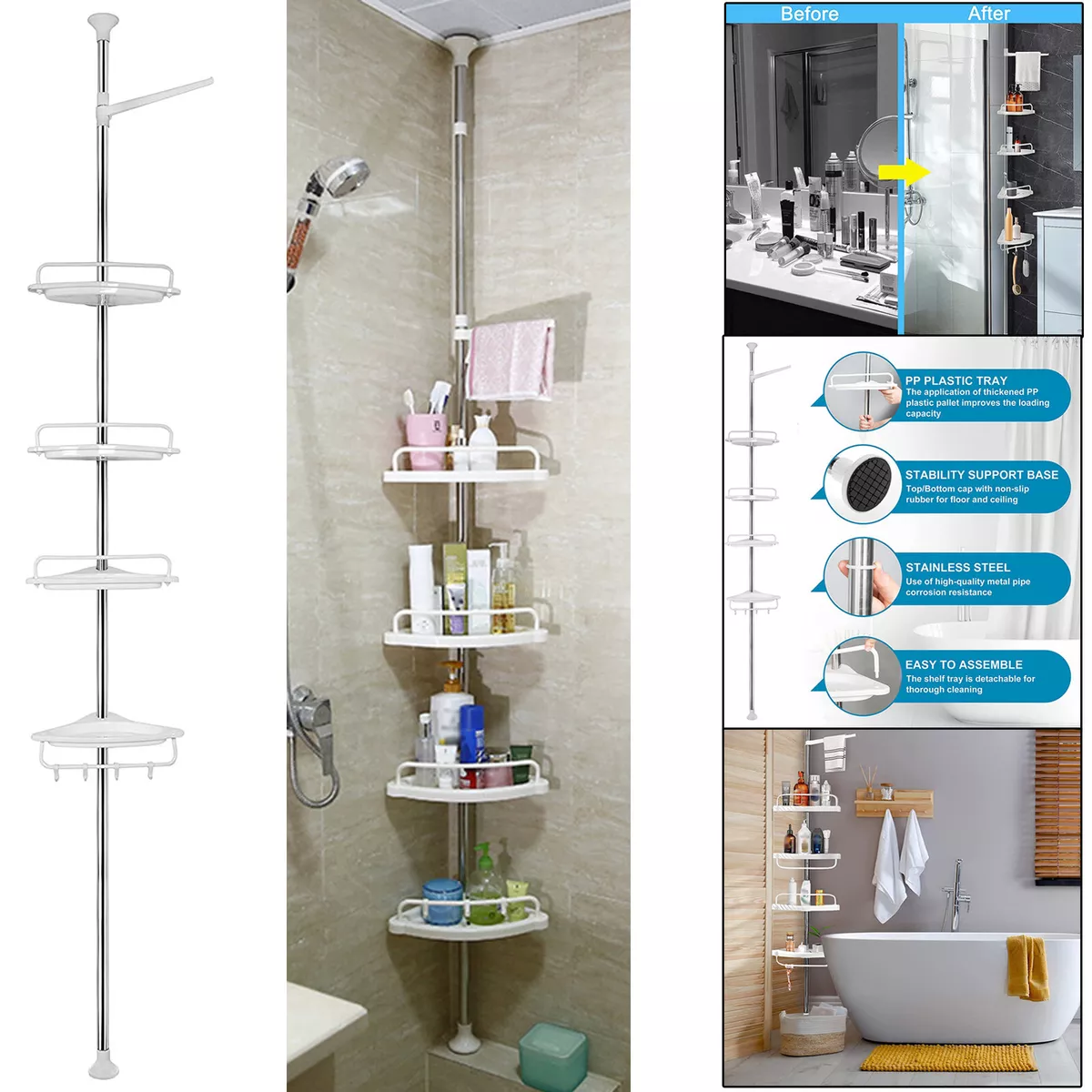 Telescopic Corner Shower Shelf 4 Tier Bathroom Corner Storage No