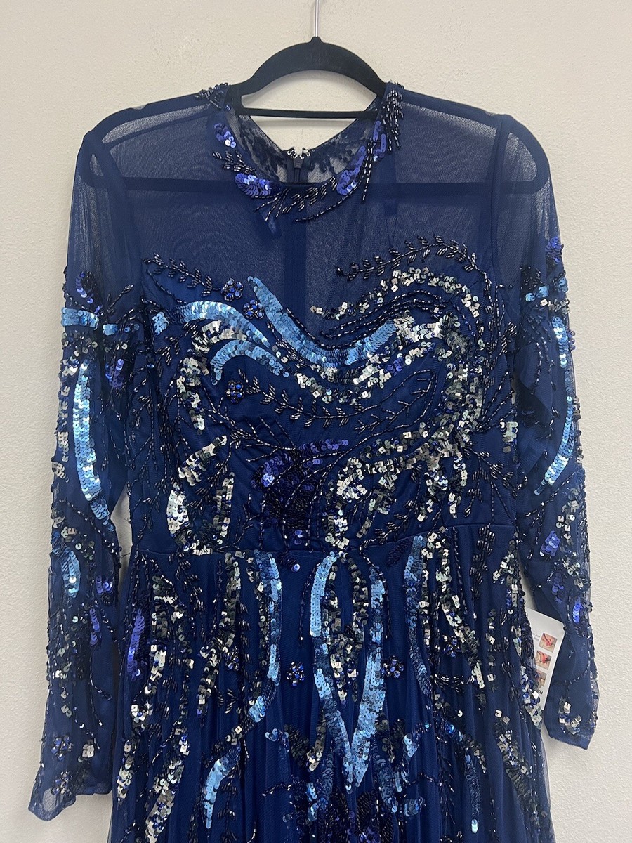 MAC DUGGAL LONG SLEEVE EMBELLISHED ILLUSION EVENING GOWN BLUE 5217 - Main Image