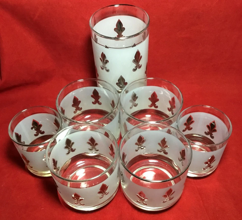 Lote De Colección Mediados De Siglo De 7 Vasos Libbey Flor De Lis Plata Esmerilados Marcados Foto 2 de 4