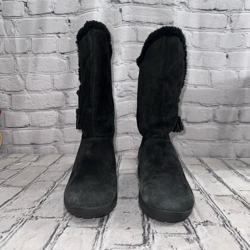 Ralph Lauren Tadina Mid-Calf Winter Boots Womens Size 8.5B Black Nubuck Lamb Fur - 第 3/8 張圖片