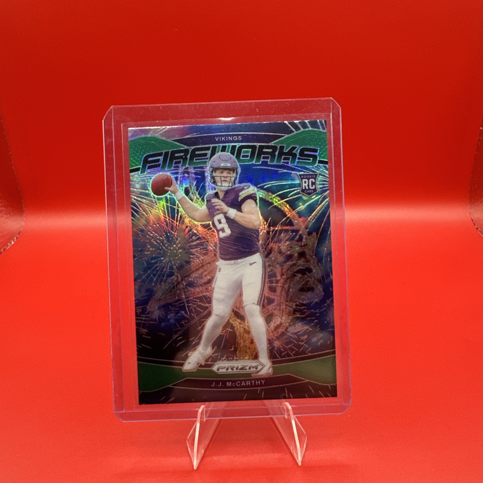 2024 Panini Prizm - Fireworks J.J. McCarthy #18 Green Prizm (RC)