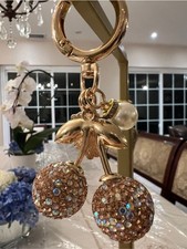 Gold Crystal Cherry Bag Charm Keychain Rhinestone Purse Charm
