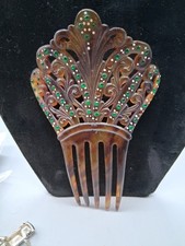 Vintage 1920s Art Deco Celluloid Hair Comb with Rhinestone Faux Tortoise shell