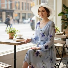 Nine West Light Purple Floral Belted Dress – Sheer Long Sleeves – Sz 6 – EUC