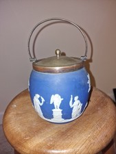 Vintage Wedgwood Blue And White Jasperware Biscuit Barrel With Lid