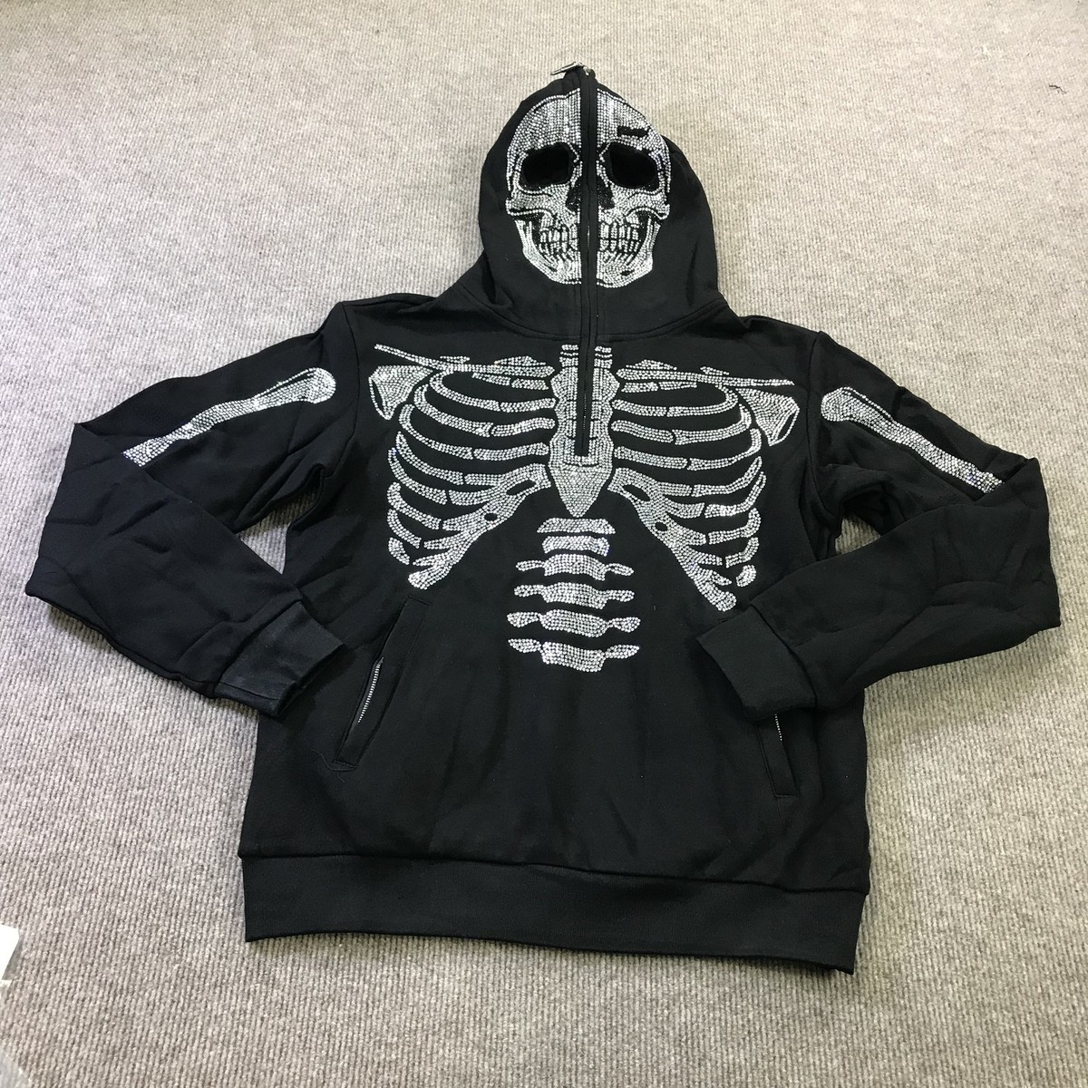 Guapi Hoodie Mens Small Black Skeleton Skull Full Zip Crystal 