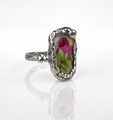 Royal Albert Old Country Roses Broken China Ring - Boho Silver Blend Size 6.5