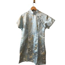 Vintage Asian Chenongsam Chinese Short Manderin Collar Dress Light Blue