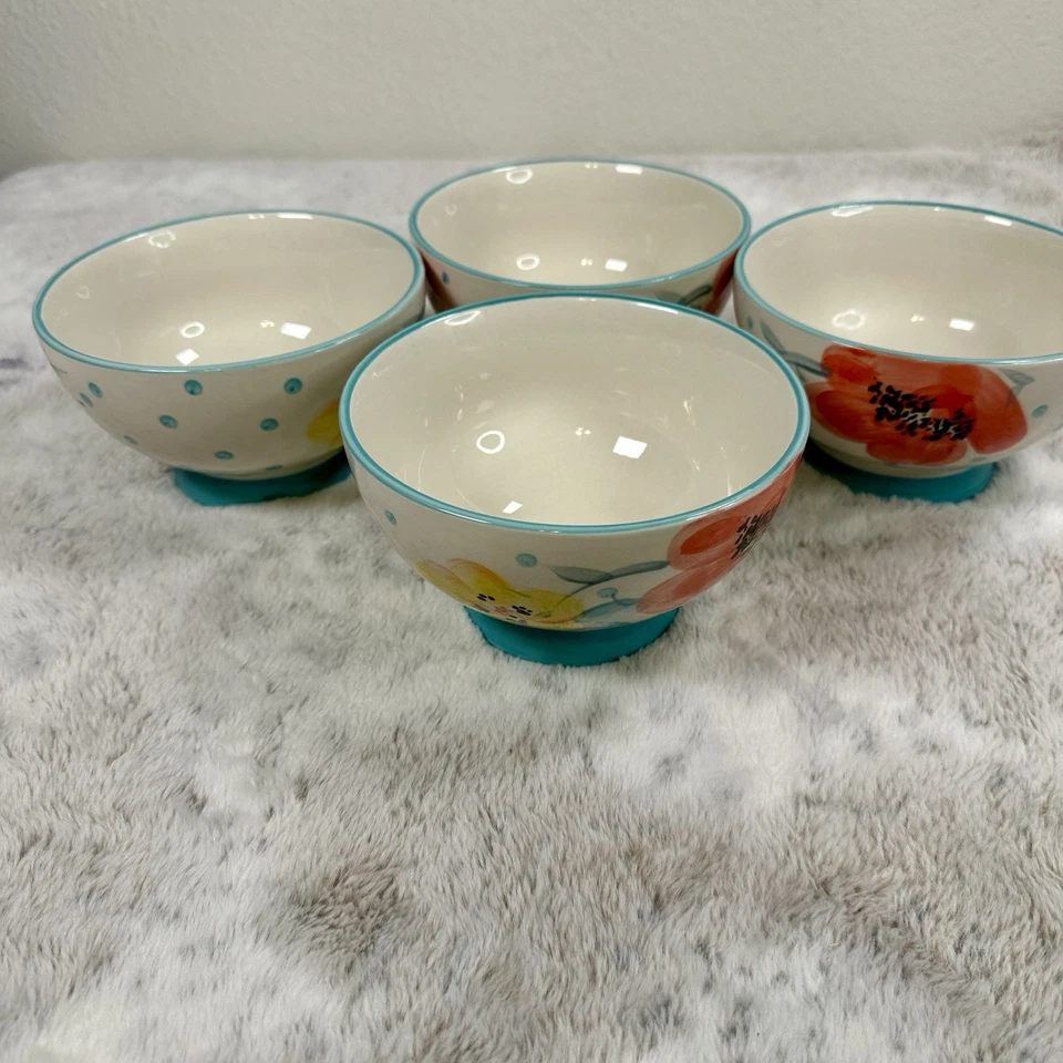 Juego de 4 cuencos con patas Pioneer Woman 6" turquesa vintage puntos florales Foto 3 de 4