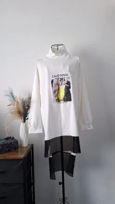 Long sleeve Graphic print Mesh insert turtleneck sweatshirt asymmetric dress - Image 1 of 4