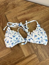 WILD FABLE SWIMWEAR SZ XS BIKINI TOP WHITE W BLUE FLORAL PRINT RUFFLE TRIM J4