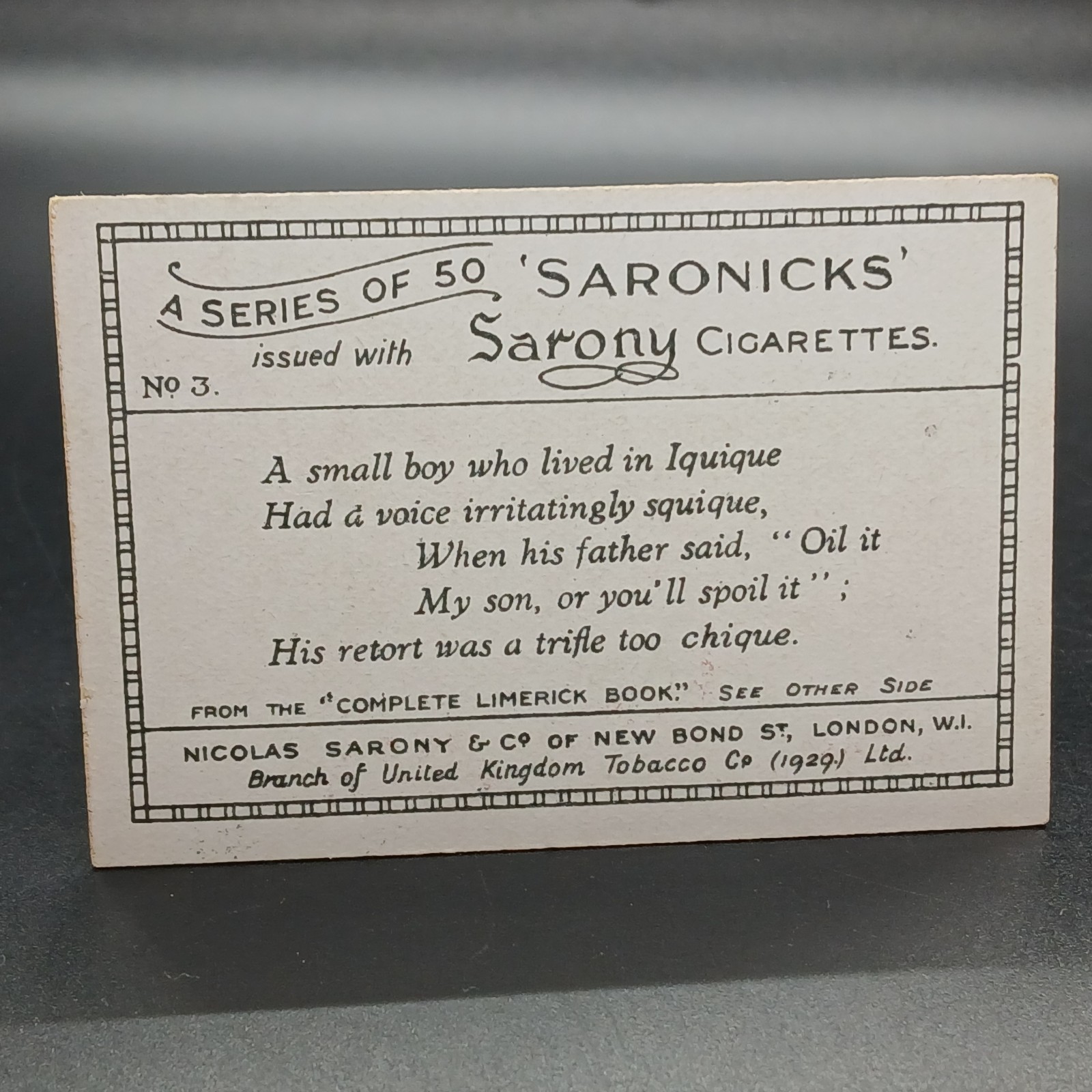 1929 Comic Gag Art Limerick Advertising Sombrero Musician Tobacco Cigarette Card