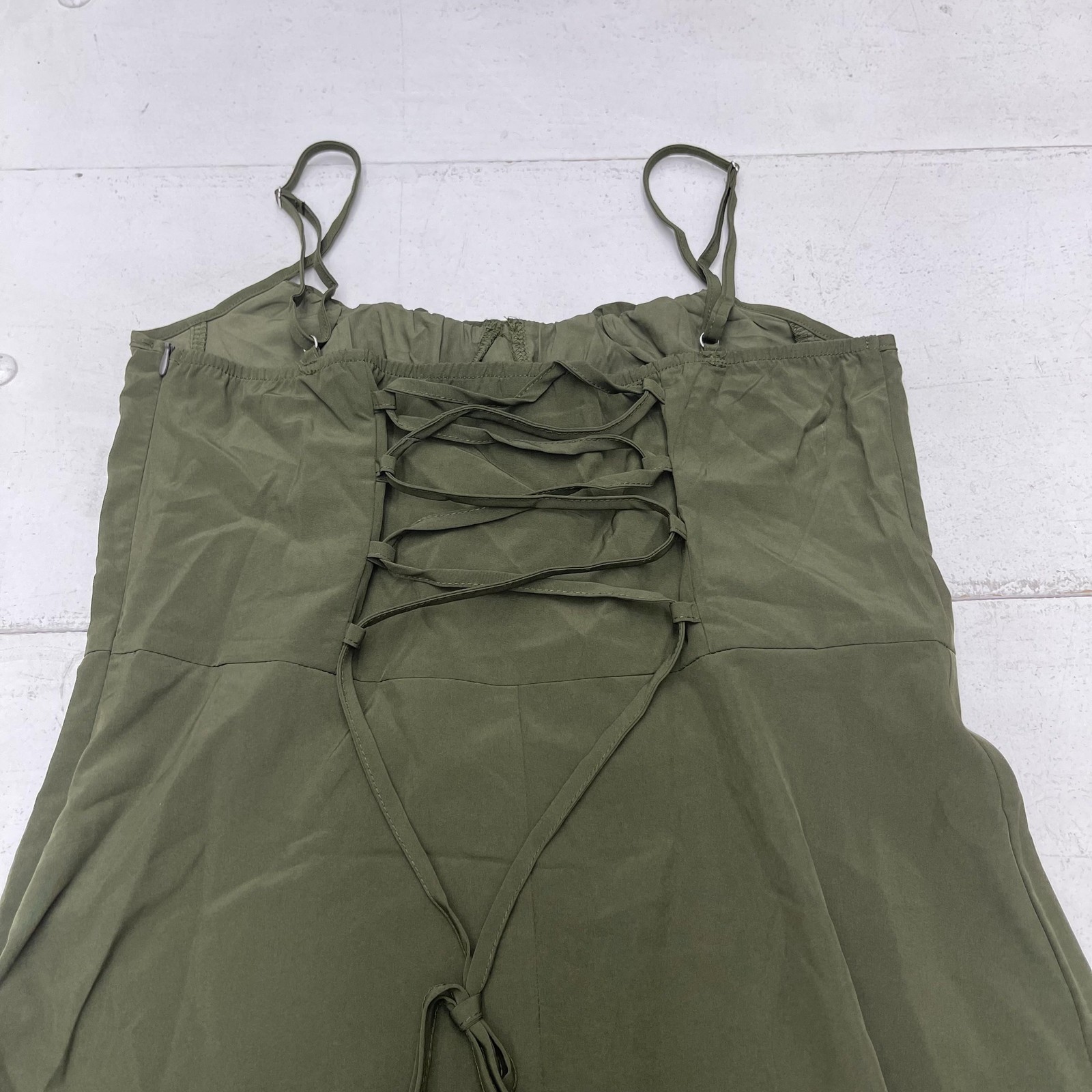 Olive Green Maxi Dress Womens Large Adjustable Spaghetti Straps Lace Up Back