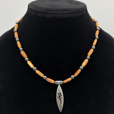 Handcrafted Repurposed Orange Shell Bead Surfer Necklace W/ New Gecko Pendant
