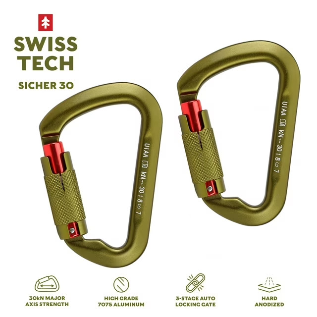 Mosquetones de escalada Swiss Tech 30KN, paquete de 2, bloqueo automático, ligeros, aluminio 7075
