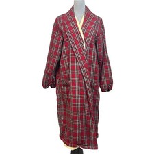 Vtg L.L. Bean Men s Long Flannel Red Tartan Plaid Robe M Housecoat NO BELT