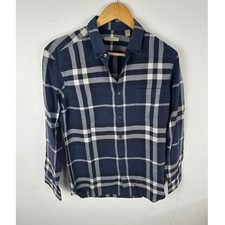 Burberry Brit Mens Navy Blue Check Plaid Cotton Button Down Shirt Size Small