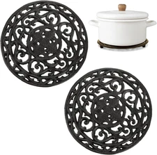 2-Pack 8-Inch round Cast Iron Trivets with Rubber Feet Caps for Kitchen & Dining