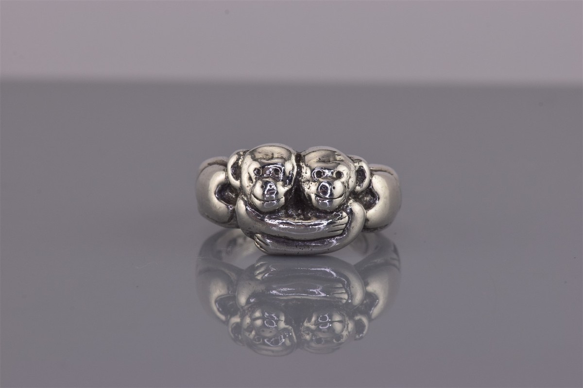 EFS Sterling Silver 11mm Monkeys "Two Peas in a Pod" Hearts Band Ring 925 Sz: 7