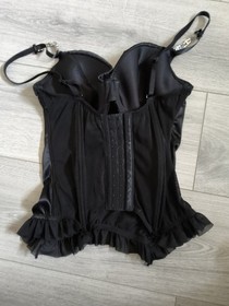 Ann Summers Black Satin & Diamonte Ruched & Frilled Corset Top Size 36C