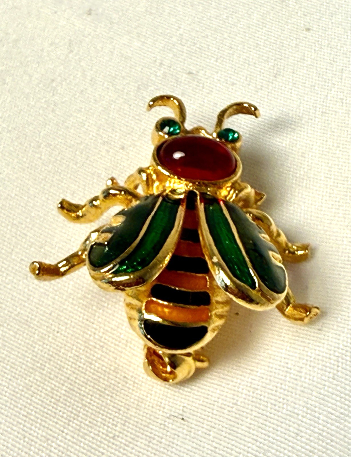 Vintage Joan Rivers Red/Green/Black/Orange Rhinestone Bee Gold-Tone Brooch Pin