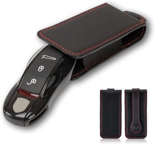 Real Leather Key Fob Cover Black with Red Stitch Fits Porsche Smart Remote Key