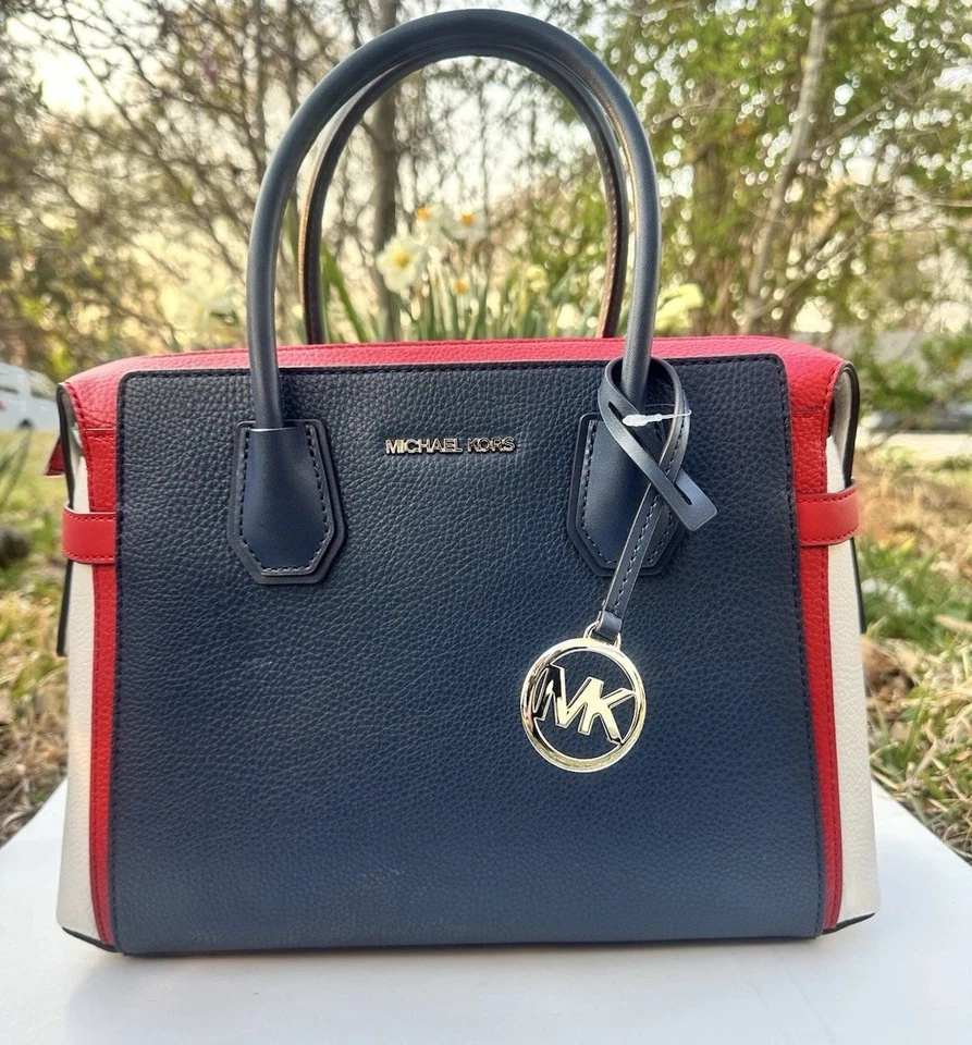 Bolsa satchel Michael Kors média TZ com cinto couro Mercer bloco de cores vermelho brilhante Mlt - Imagem 3 de 4