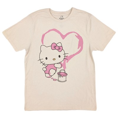 Sanrio Hello Kitty Mens Biege Short Sleeve Pink Heart Graphic Tee Shirt XL