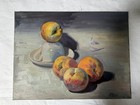 Oil Painting On Canvas Signed Still Life Fruit Peach Tea Cup Low Light Art — photo 1